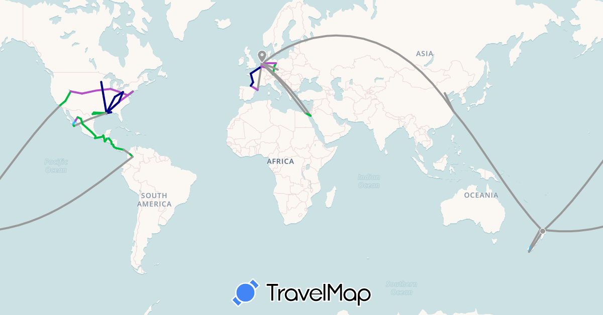 TravelMap itinerary: driving, bus, plane, train, boat in Belgium, China, Colombia, Costa Rica, Czech Republic, Germany, Egypt, Spain, France, Greece, Guatemala, Honduras, Mexico, Nicaragua, Netherlands, New Zealand, Panama, United States (Africa, Asia, Europe, North America, Oceania, South America)